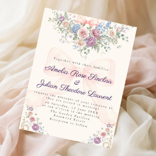 Invitación Elegante Jardín Rococó con Lazo de Cinta Rosa para