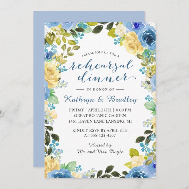 Invitación Elegante Jardín rosa amarillo azul para la cena (Anverso / Reverso)