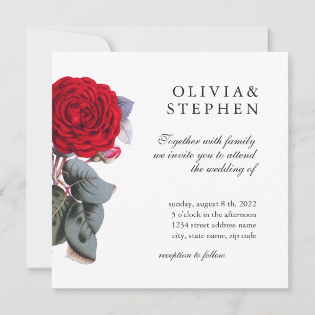 Invitación Elegante jardín rosa roja. Hermoso Boda floral (Anverso)