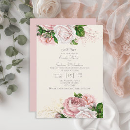 Invitación Elegante Jardín Rosas de flores rosadas Crema Boda