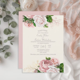 Invitación Elegante jardín rosas florales rosa crema boda