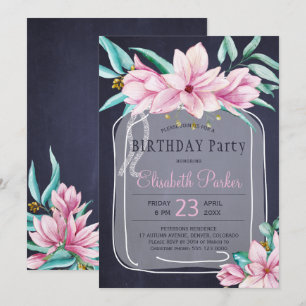 Invitación Elegante jarrón mason floral azul cumpleaños