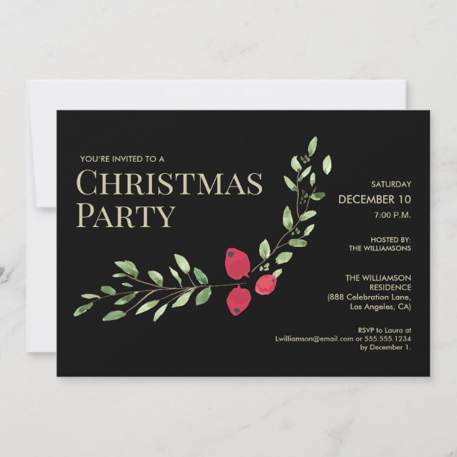 Invitación Elegante Jefe Navidades Fiesta Black Holly Red (Anverso)