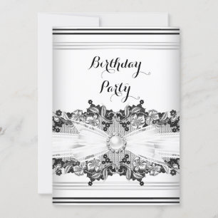Invitación Elegante Jewel de Perla Blanca Negro Bow Lace Cump