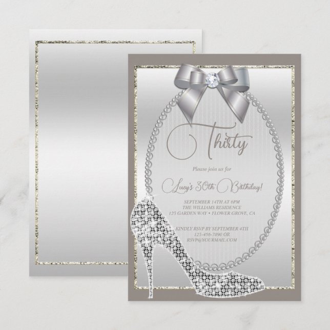 Invitación Elegante jewel plateado Bow & Stiletto Cumpleaños (Anverso / Reverso)