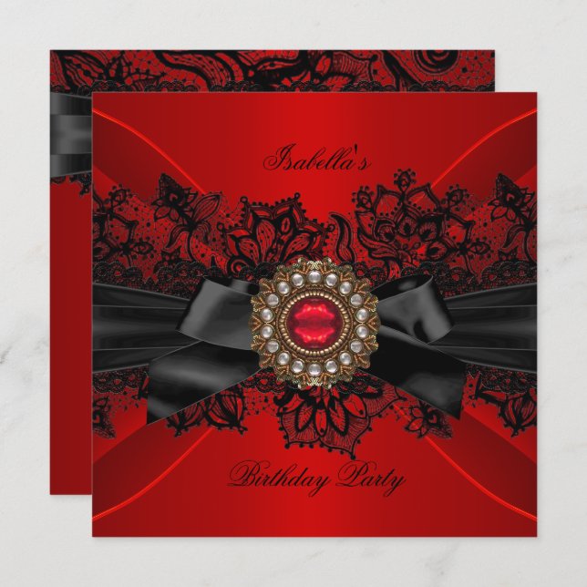 Invitación Elegante Jewel Rojo Negro Lace Bow Fiesta de Cumpl (Anverso / Reverso)