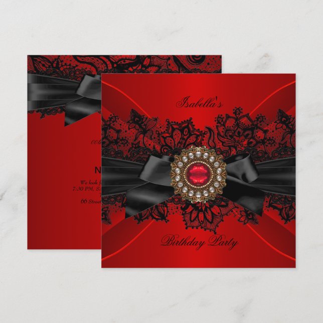Invitación Elegante Jewel Rojo Negro Lace Bow Fiesta de Cumpl (Anverso / Reverso)