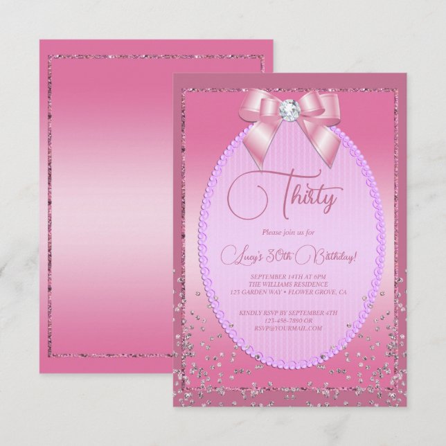 Invitación Elegante Jewel Rosa Diamond Bow & Confetti Cumplea (Anverso / Reverso)