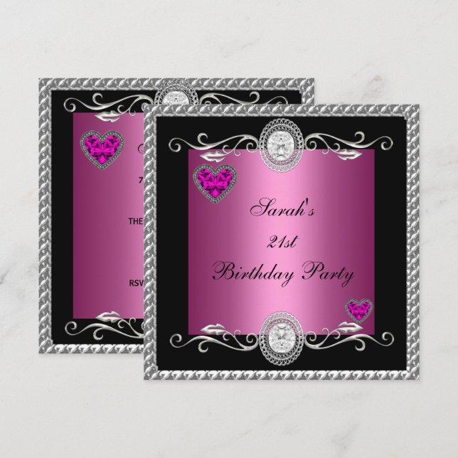 Invitación Elegante joya de corazón negro rosa de cumpleaños  (Anverso / Reverso)