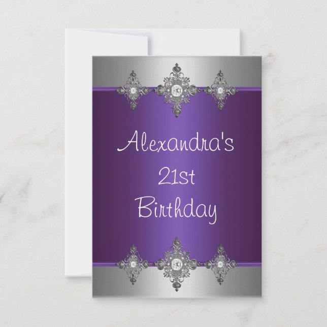Invitación Elegante Joya de Cumpleaños 21 en Plata Morada (Anverso)