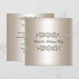 Invitación Elegante Joya de Cumpleaños Crema Biege Dorado
