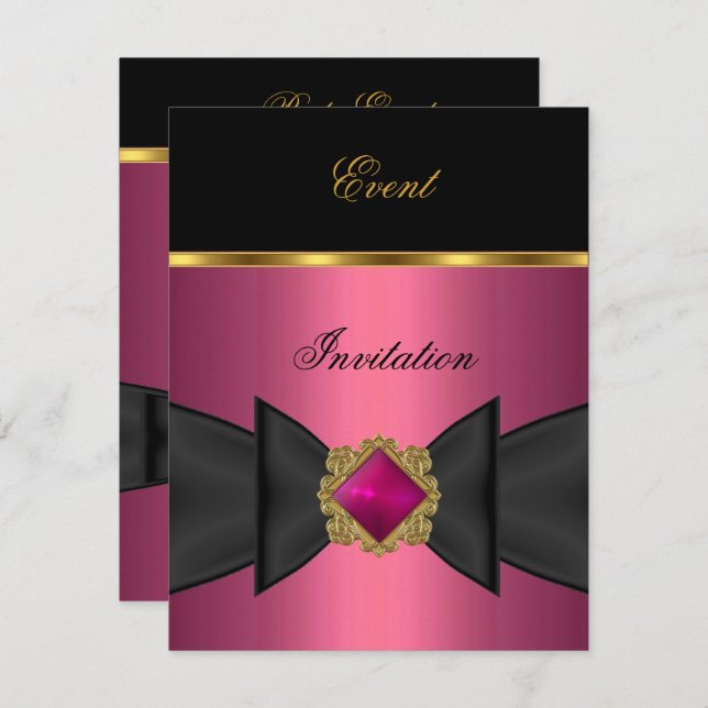 Invitación Elegante Joya de Lazo Rosa Negro Dorado (Anverso / Reverso)