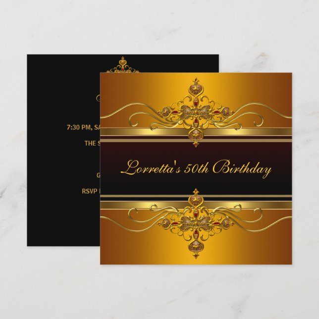Invitación Elegante joya de oro negro amarillo Cumpleaños 50 (Anverso / Reverso)