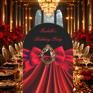 Invitación Elegante Joya Roja con Lazo Negro Fiesta de Cumple