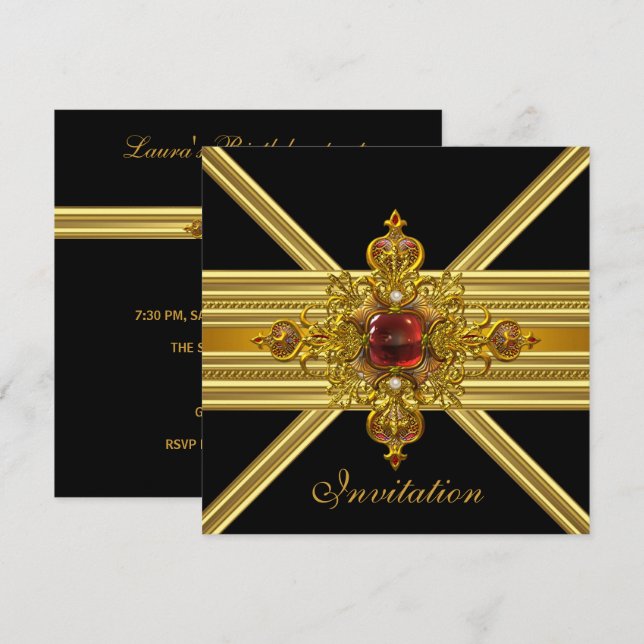 Invitación Elegante Joya Roja Dorada Real En Fiesta Negra 2 (Anverso / Reverso)
