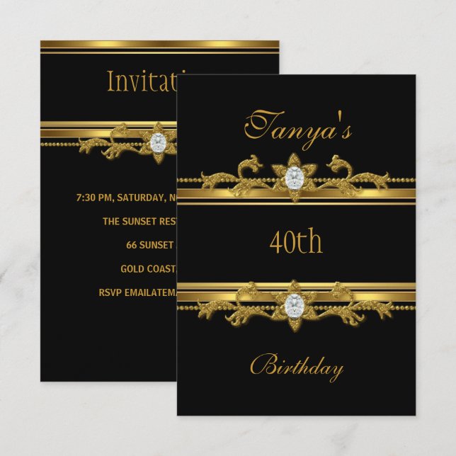 Invitación Elegante joyero de oro negro 40 cumpleaños (Anverso / Reverso)