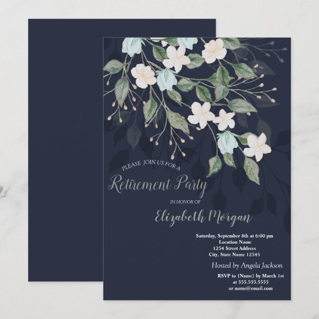 Invitación Elegante Jubilación Azul de la Marina de Flores (Anverso / Reverso)