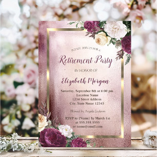 Invitación Elegante Jubilación con Marco Dorado y Floral Burg