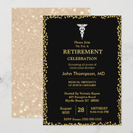 Invitación Elegante Jubilación de Doctor Luces Negras y Dorad