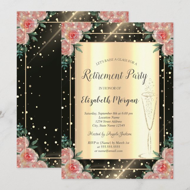 Invitación Elegante Jubilación De Floral De Vino De Confetti  (Anverso / Reverso)