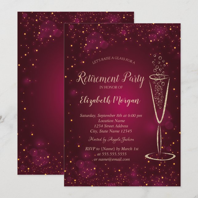 Invitación Elegante Jubilación Roja De Vino De Confetti De Or (Anverso / Reverso)