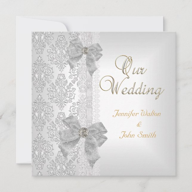 Invitación Elegante juego de arco blanco plateado Damask (Anverso)