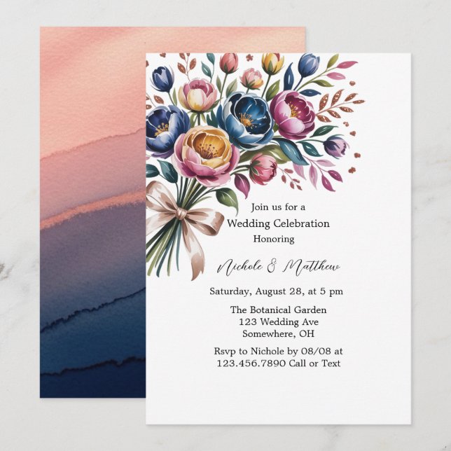 Invitación Elegante juramento floral para celebración Boda (Anverso / Reverso)