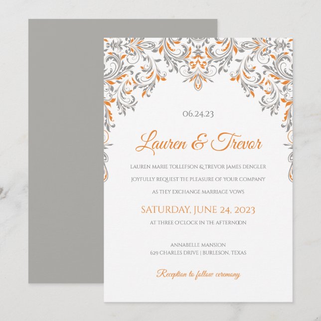 Invitación elegante | Kate (Naranja y gris) (Anverso / Reverso)