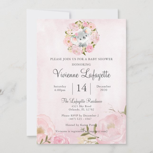 Invitación Elegante Koala Girly Peony Baby Shower (Anverso)