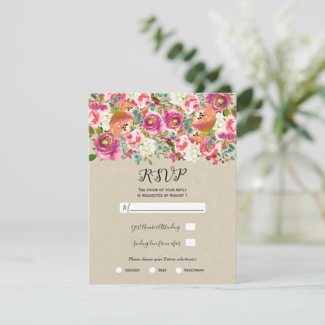 Invitación Elegante Kraft floral Shabby Chic Wedding RSVP (Anverso de pie)