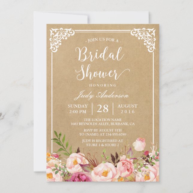 Invitación Elegante Kraft Rústico Floral Frame | Ducha de nov (Anverso)