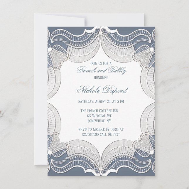 Invitación Elegante Lace En Boda Azul Brunch & Bubbly (Anverso)
