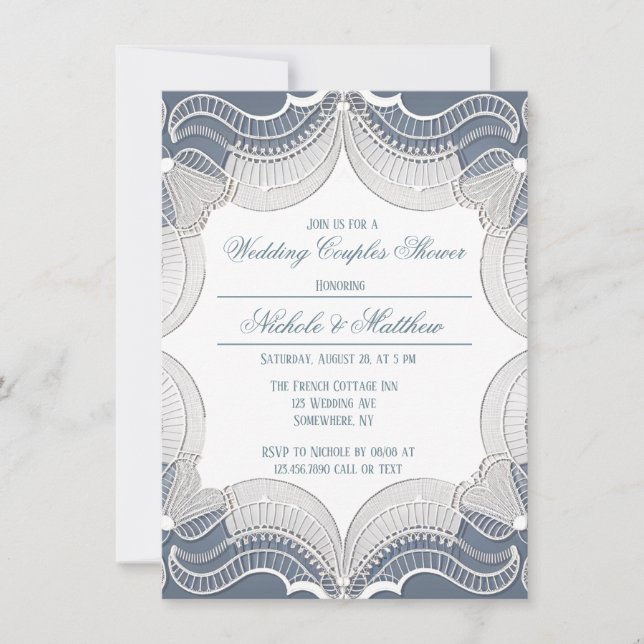 Invitación Elegante Lace En La Ducha De Parejas Bodas Azules (Anverso)