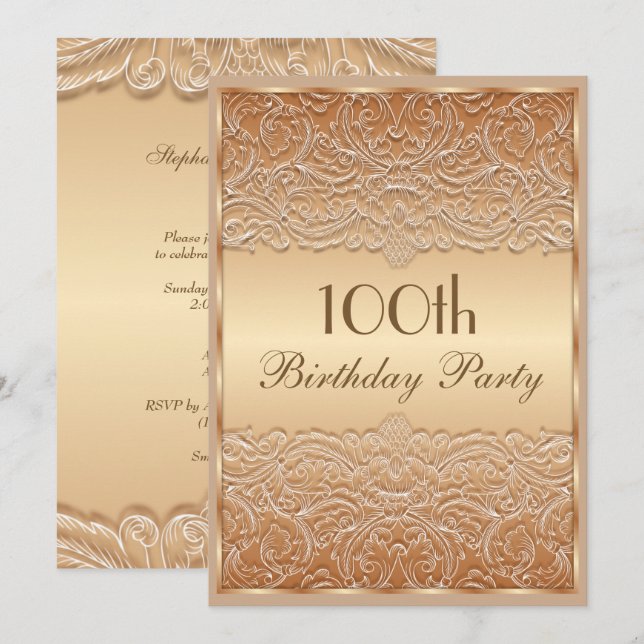 Invitación Elegante Lace Francés de Bronce 100 cumpleaños (Anverso / Reverso)