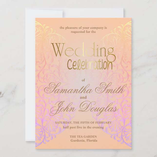 Invitación Elegante Lace Peach y Gold Moderno Minimalista (Anverso)