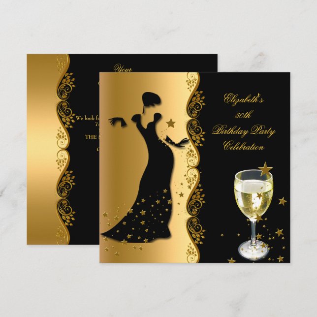Invitación Elegante Lady 50 cumpleaños Fiesta de oro Vino neg (Anverso / Reverso)