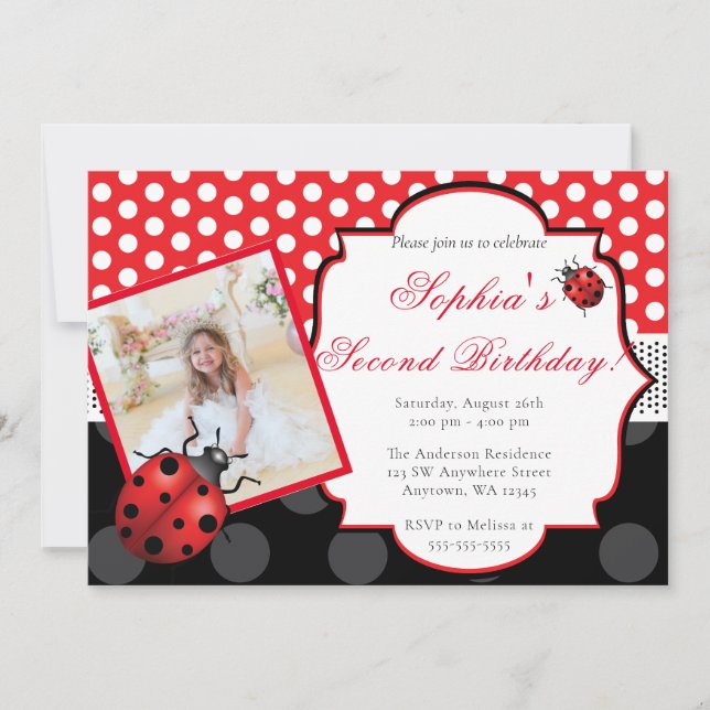 Invitación Elegante Ladybug Polka punto Cumpleaños (Anverso)