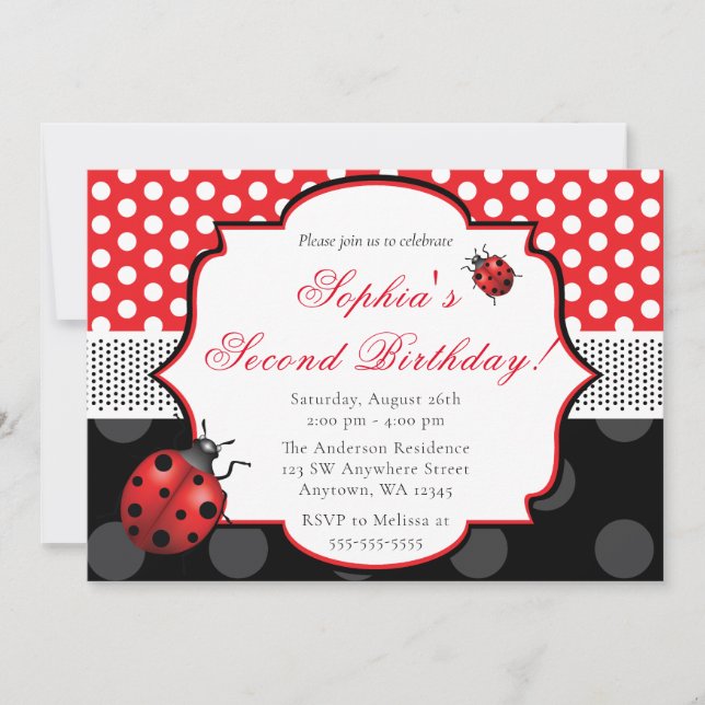 Invitación Elegante Ladybug Polka punto Cumpleaños (Anverso)