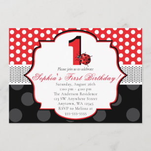 Invitación Elegante Ladybug Polka punto Primer cumpleaños
