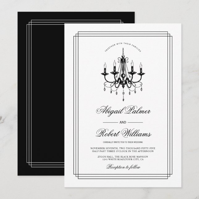 Invitación Elegante lámpara de araña blanca y negra Old Money (Anverso / Reverso)