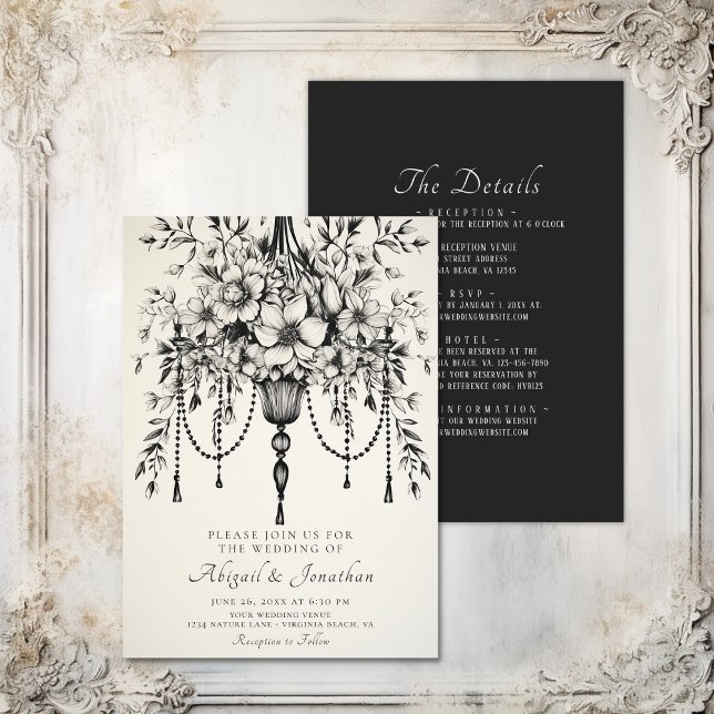 Invitación Elegante lámpara de araña floral todo en un Boda (Elegant Floral Chandelier All in One Wedding Invitation)