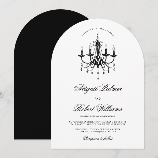 Invitación Elegante lámpara de araña negra de Old Money boda  (Anverso / Reverso)