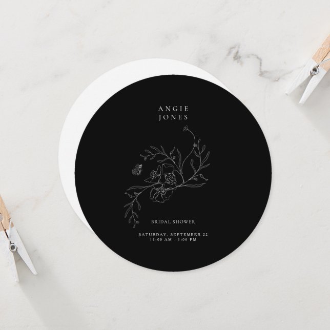 Invitación Elegante Lápiz Floral B/W Bridal Shower Round (Anverso/Reverso In Situ)