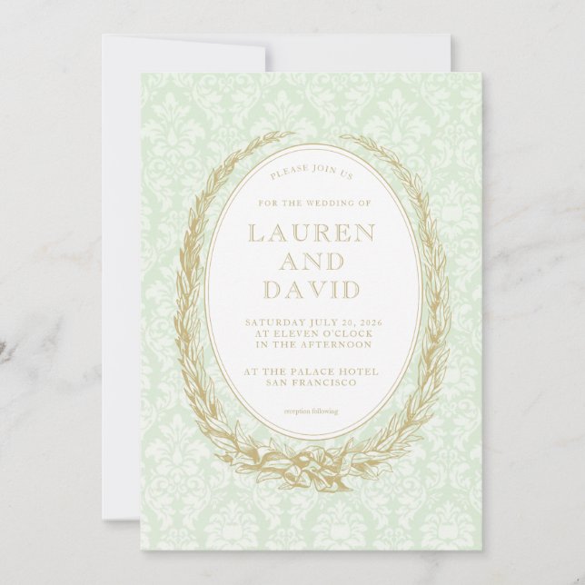 Invitación Elegante Laurel Wreath | Damasco verde (Anverso)