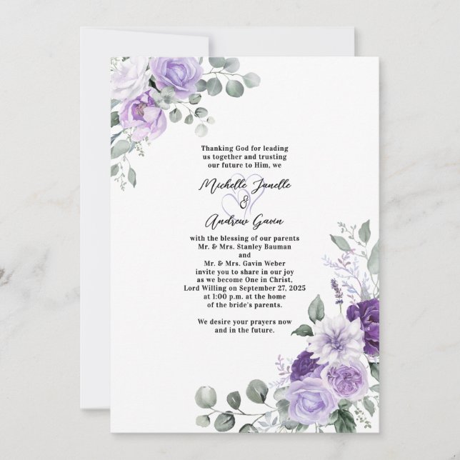 Invitación Elegante Lavanda Boda de acuarela morado floral (Anverso)