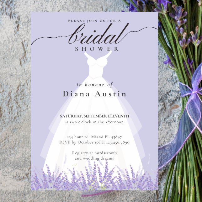 Invitación Elegante lavanda Boda Vestido Bridal Shower (Elegant Calligraphy Lavender Lilac Bridal Shower I Invitation)