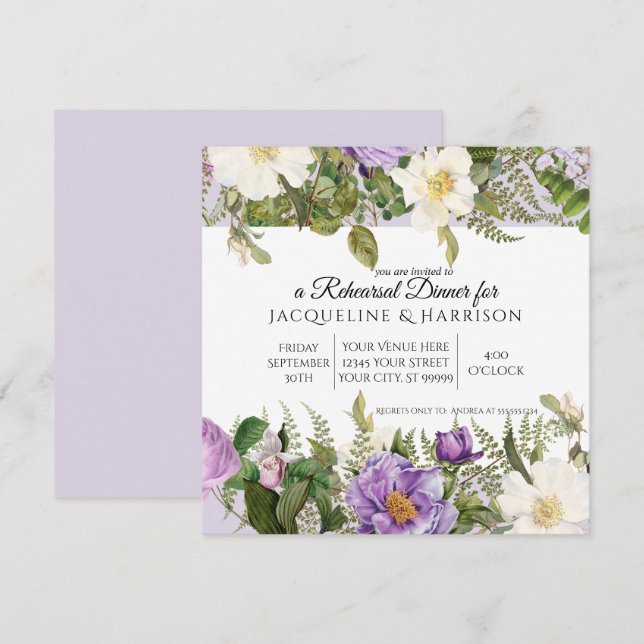 Invitación Elegante lavanda botánica peónica floral (Anverso / Reverso)
