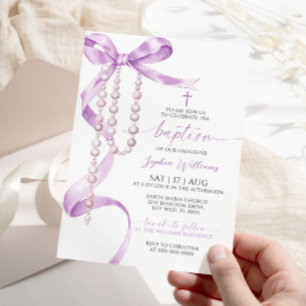 Invitación Elegante lavanda Bow & Rosary Baptism