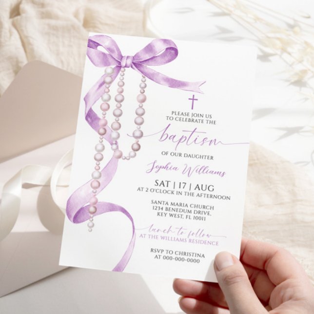 Invitación Elegante lavanda Bow & Rosary Baptism (Subido por el creador)