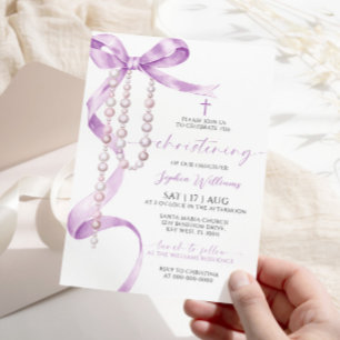 Invitación Elegante Lavanda Bow & Rosary Christening